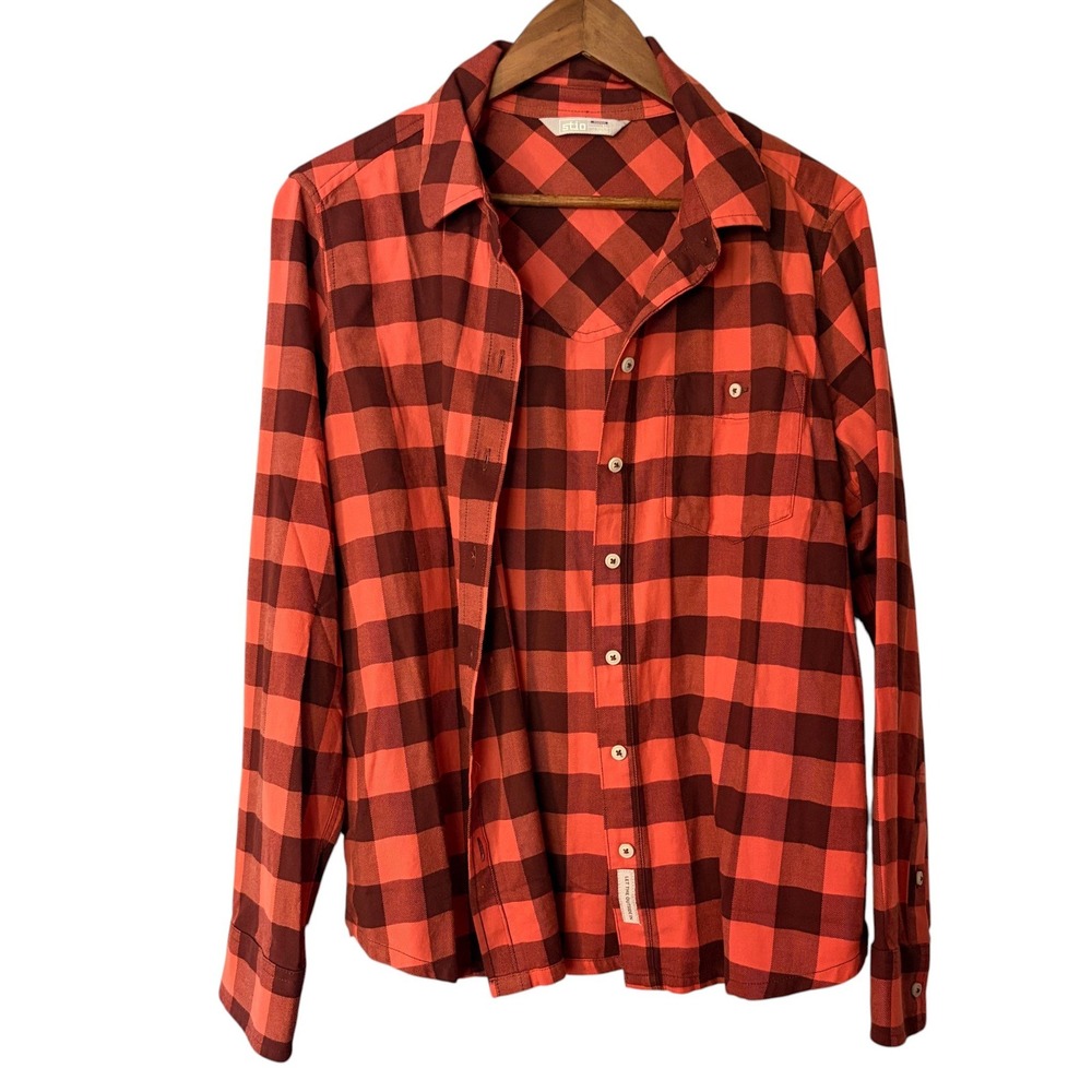 Stio Flannel Shirt XL Light Gorp Orange Plaid Organic Cotton Western Button Up
